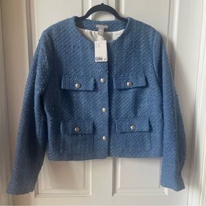 H&M Blue Blazer with Textured Fabric and Cropped Design